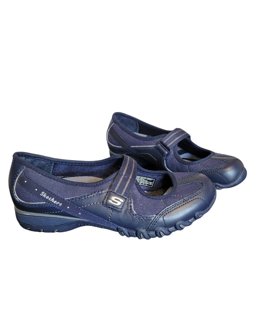 Skechers Mary Jane Bikers Walking Shoes Navy Leather Silver Glitter Sz 5.5